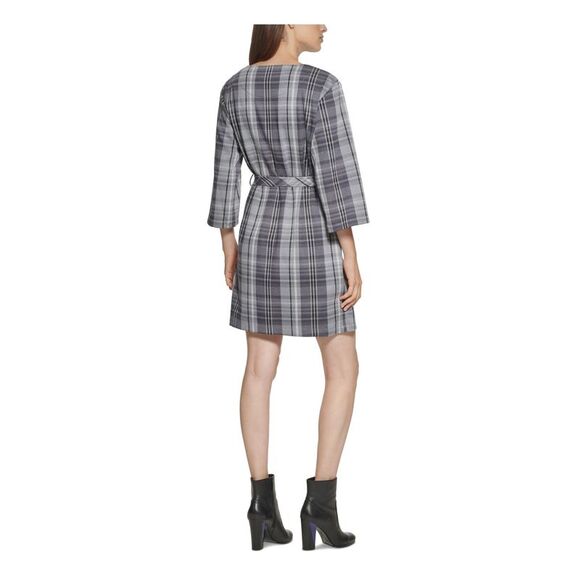 NWT CALVIN KLEIN Womens Gray Unlined Pullover Plaid 3/4 Sleeve Short Dress 6 - Picture 2 of 3